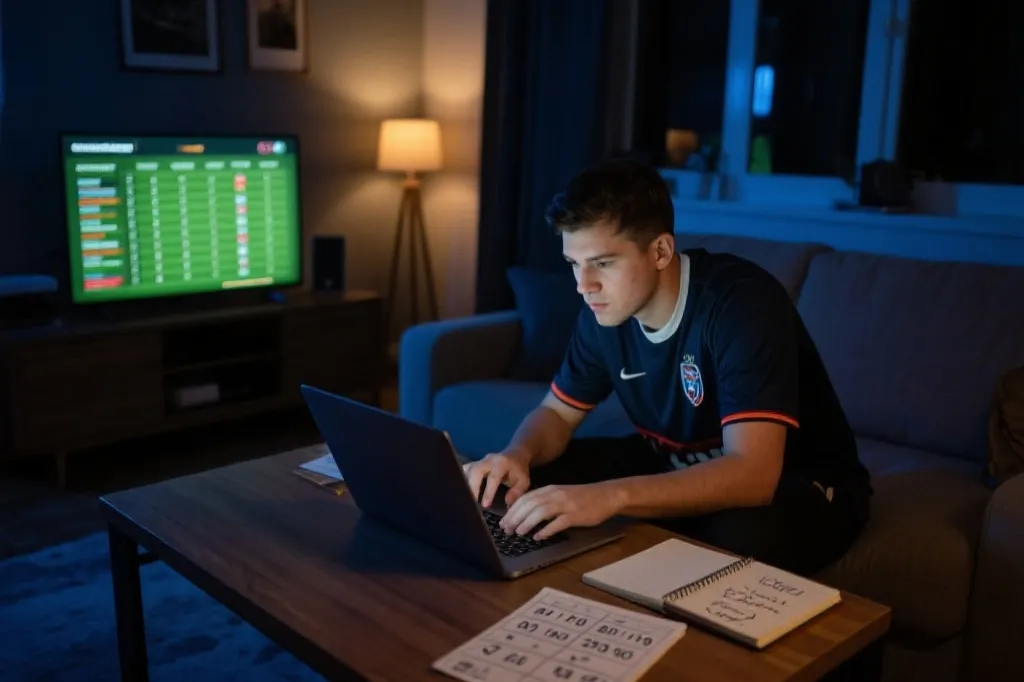 球迷在笔记本上记录伤病与天气信息，用于比分预测